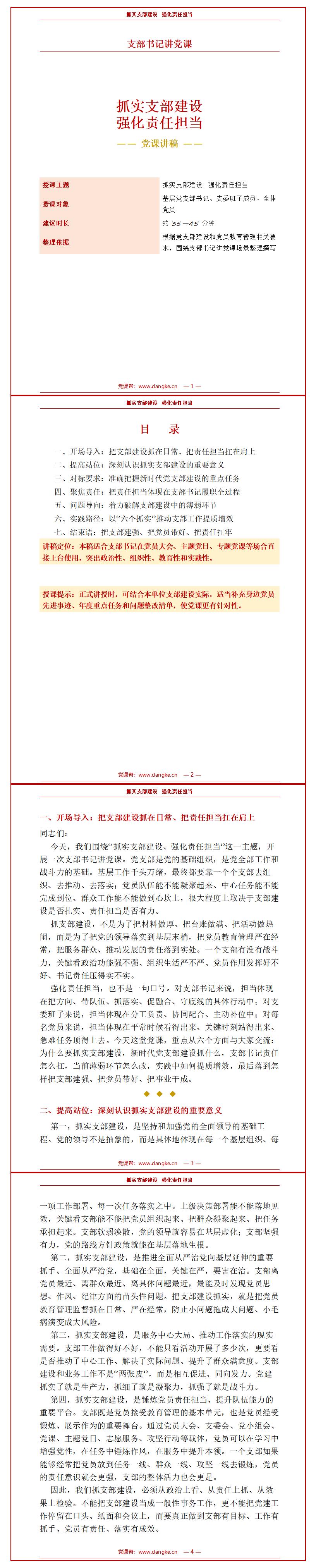支部书记讲党课讲稿：抓实支部建设 强化责任担当（12页Word讲稿）封面预览