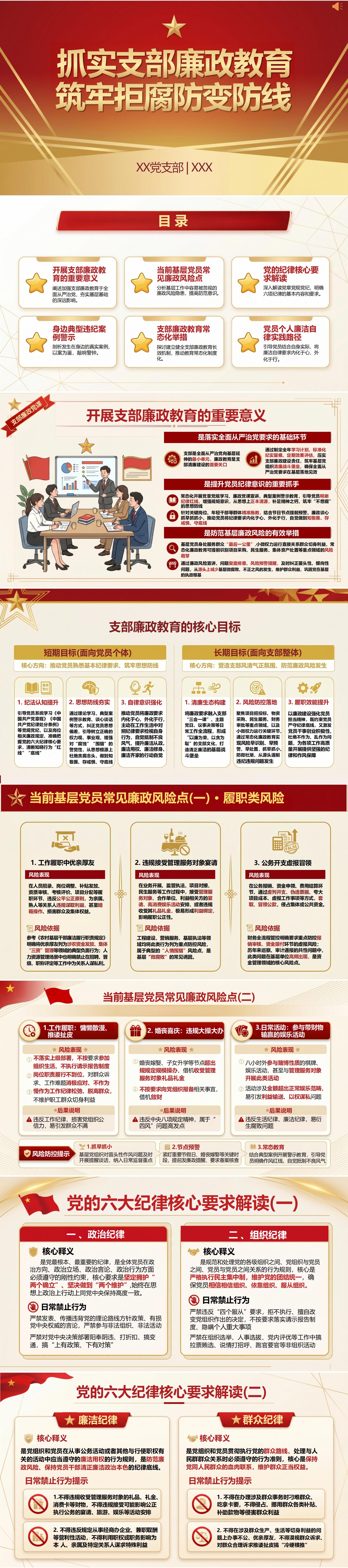 支部书记讲廉政党课PPT：抓实支部廉政教育 筑牢拒腐防变防线（16页+配套讲稿）封面预览