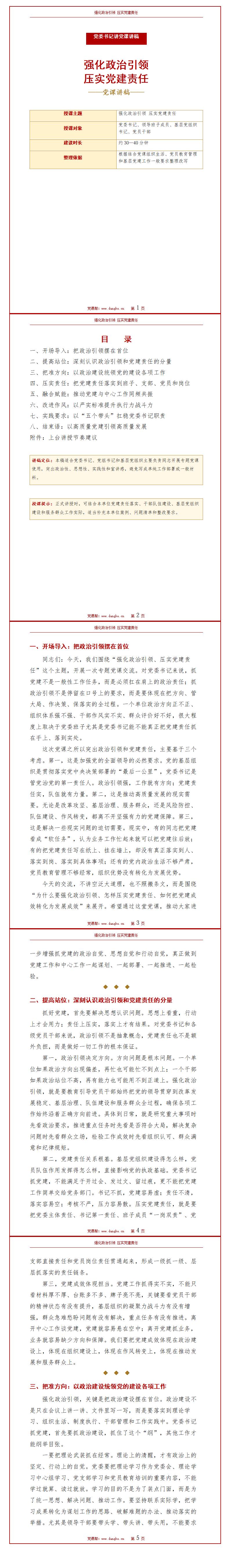 党委书记讲党课讲稿：强化政治引领 压实党建责任（14页配套讲稿）封面预览