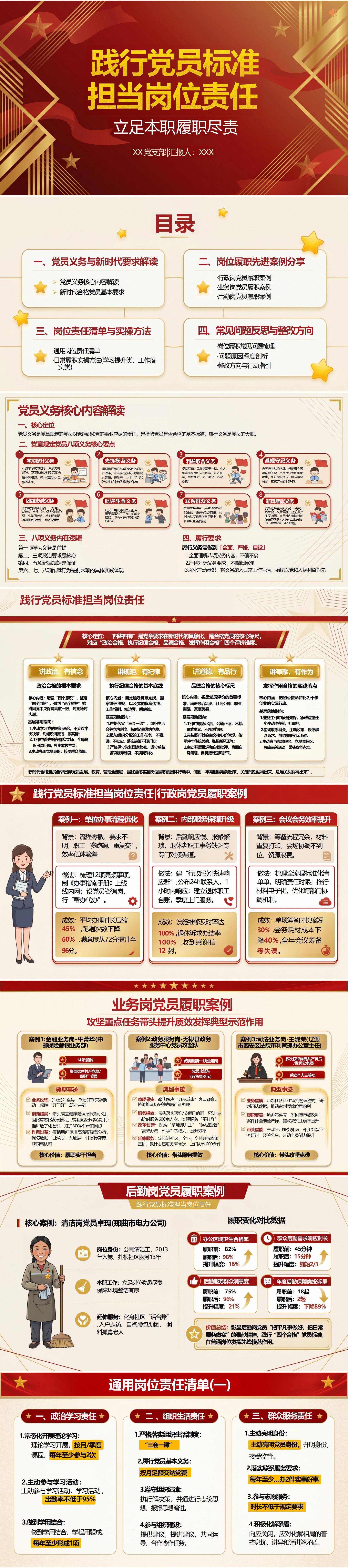普通党员讲党课PPT下载：践行党员标准 担当岗位责任（16页+配套讲稿）封面预览