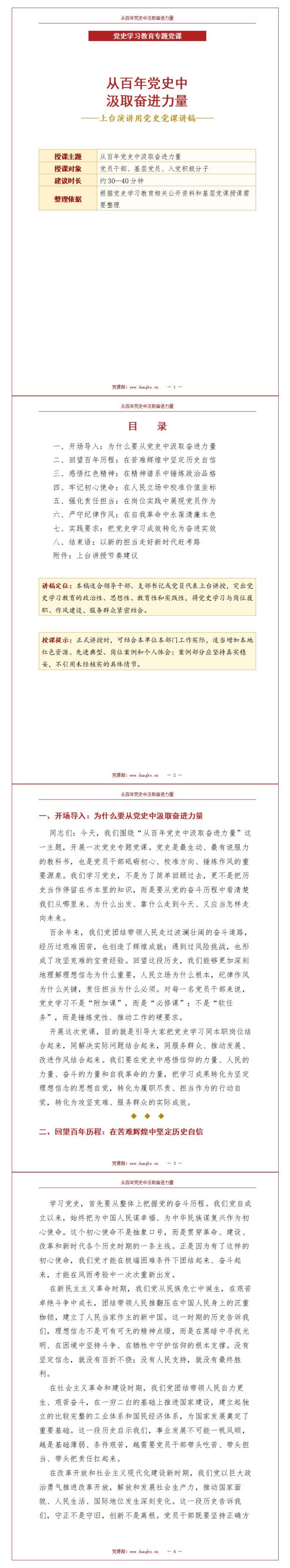 党史学习教育专题党课讲稿：从百年党史中汲取奋进力量（13页Word讲稿）封面图1