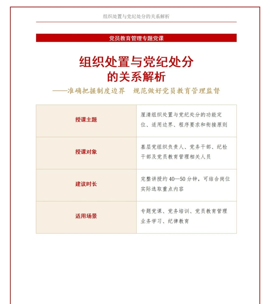 党员讲组织处置与党纪处分党课PPT下载：解析两者关系与适用边界（14页+配套讲稿）讲稿预览1