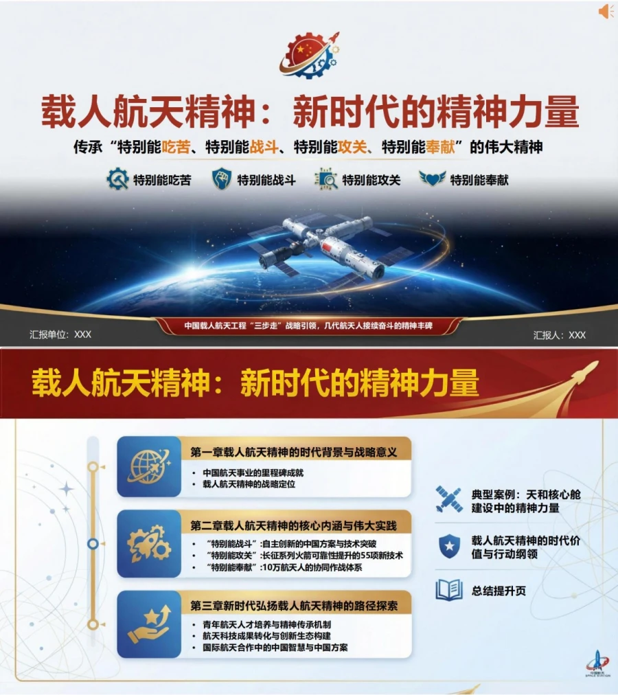 载人航天精神讲党课PPT下载：发扬载人航天精神奋力创造新的辉煌（18页+配套讲稿）封面图1