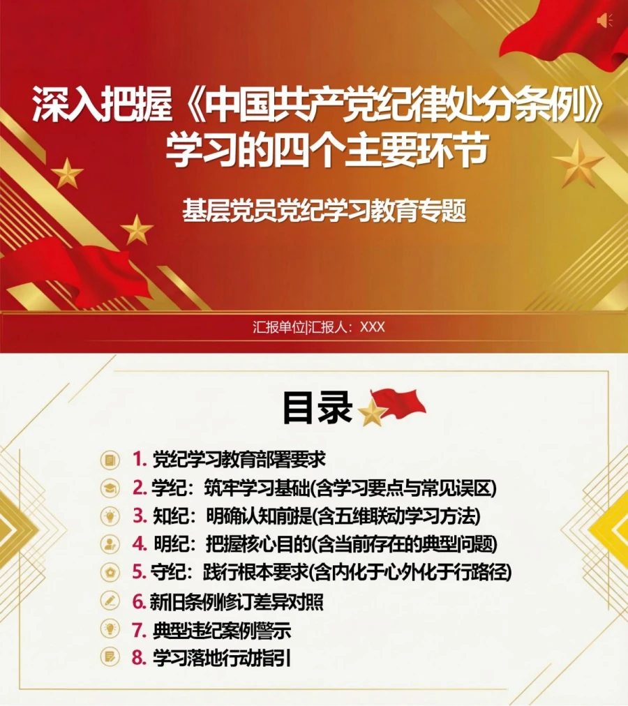 党纪学习教育讲党课PPT下载：把握《纪律处分条例》学习四个主要环节（17页+配套讲稿）封面图1