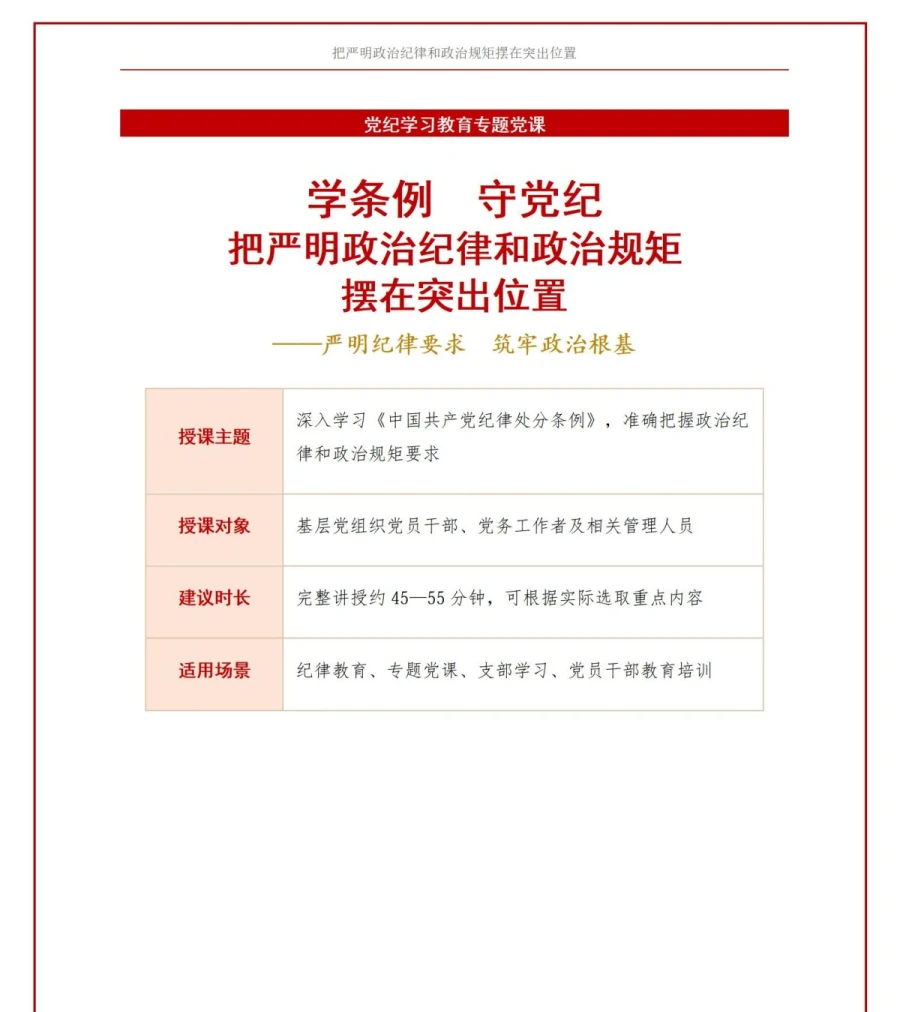 政治纪律和政治规矩讲党课PPT下载：学条例守党纪严明纪律要求（16页+配套讲稿）讲稿预览1
