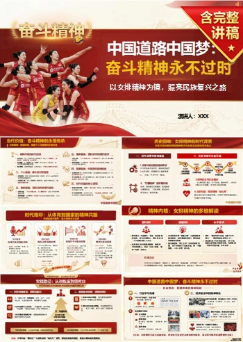 女排精神讲党课PPT下载：中国道路中国梦奋斗精神永不过时（16页+配套讲稿）