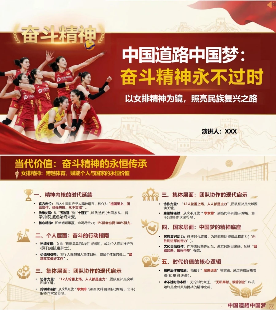 女排精神讲党课PPT下载：中国道路中国梦奋斗精神永不过时（16页+配套讲稿）封面图1
