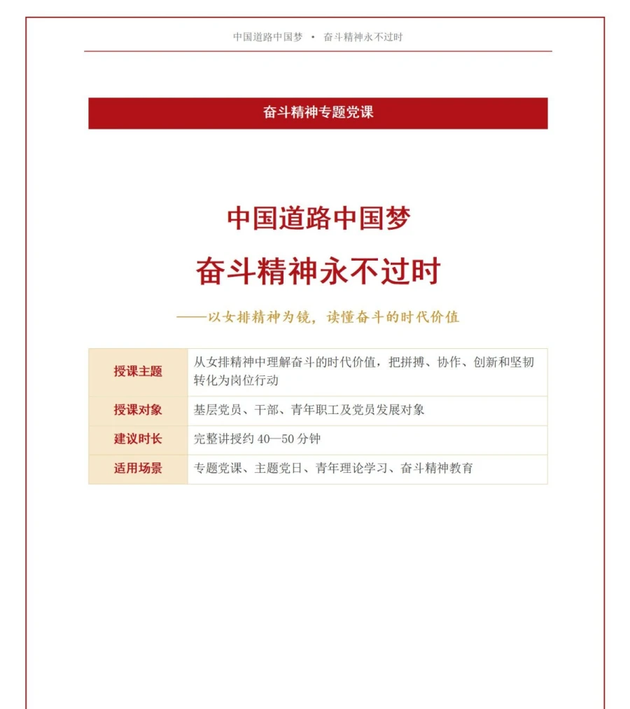 女排精神讲党课PPT下载：中国道路中国梦奋斗精神永不过时（16页+配套讲稿）讲稿预览1