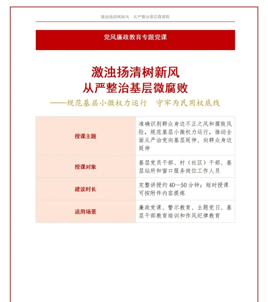 支部书记讲基层微腐败党课PPT下载：激浊扬清树新风 从严整治基层微腐败（16页+配套讲稿）讲稿预览1