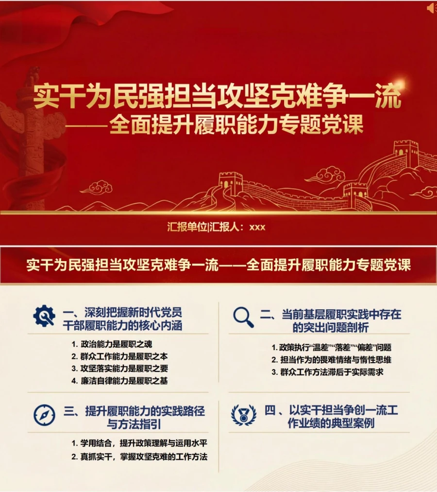支部书记讲履职能力党课PPT下载：实干为民强担当 攻坚克难争一流（18页+配套讲稿）封面图1