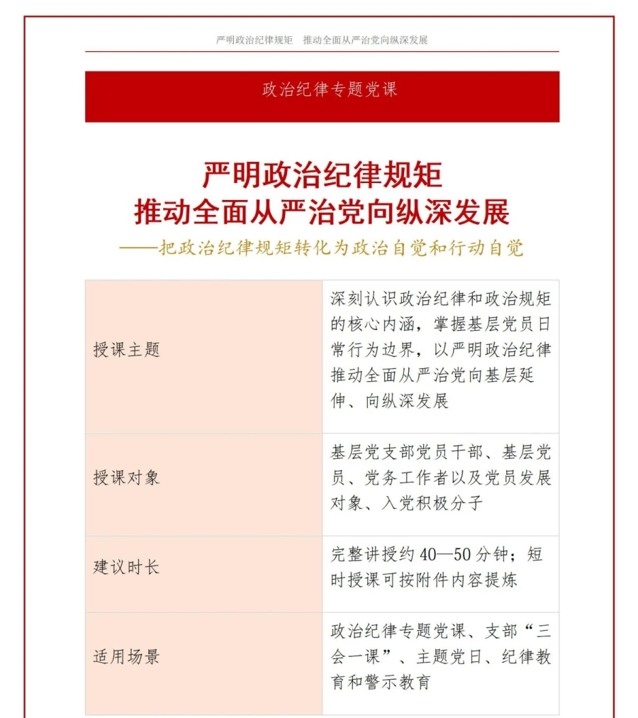 领导干部讲政治纪律规矩党课PPT下载：严明政治纪律规矩 推动全面从严治党向纵深发展（16页+配套讲稿）讲稿预览1