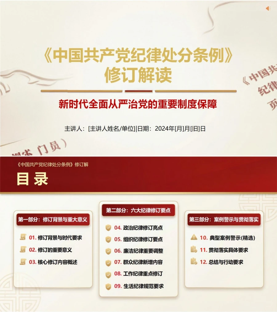 纪律处分条例修订讲党课PPT下载：《中国共产党纪律处分条例》修订解读与六大纪律要点（17页+配套讲稿）封面图1