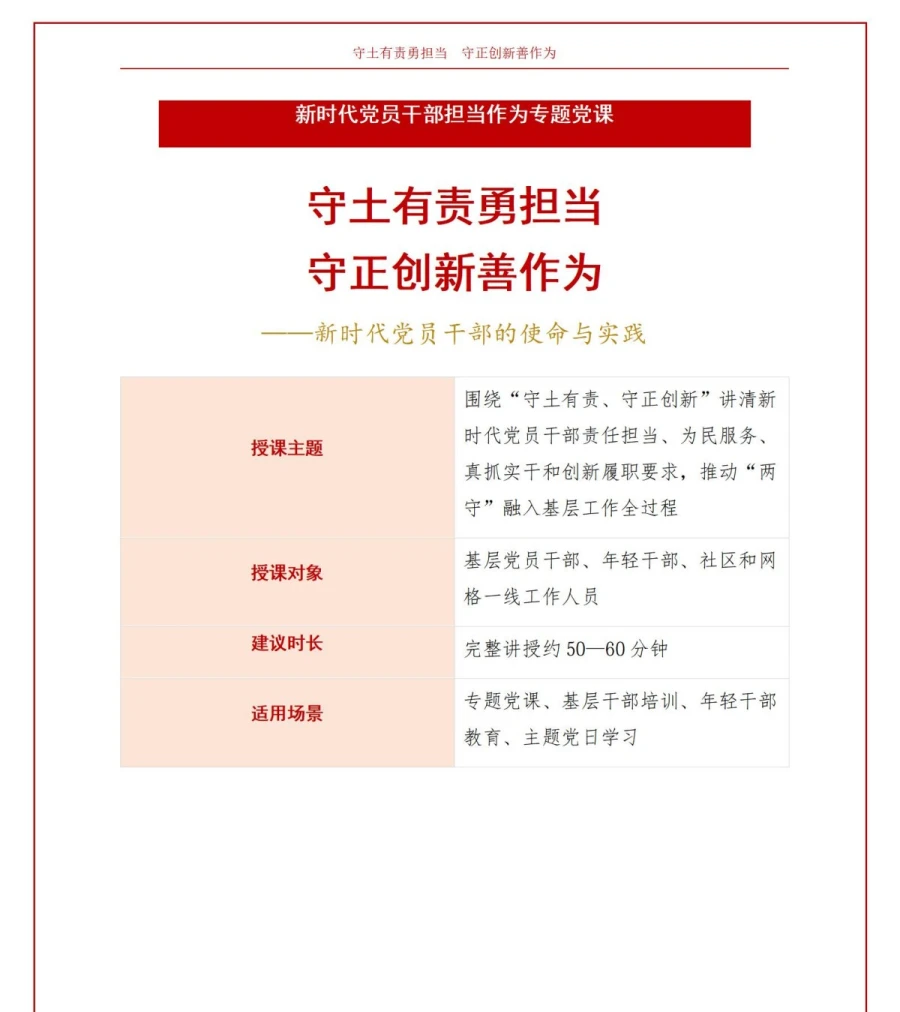 党员讲担当作为党课PPT下载：守土有责勇担当 守正创新善作为（16页+配套讲稿）讲稿预览1