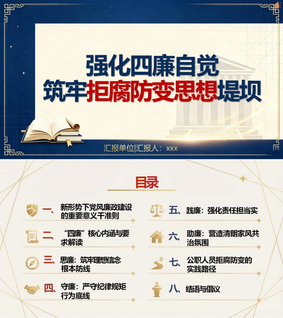 党员讲拒腐防变党课PPT下载：强化“四廉”自觉 筑牢拒腐防变思想堤坝（16页+配套讲稿）封面图1
