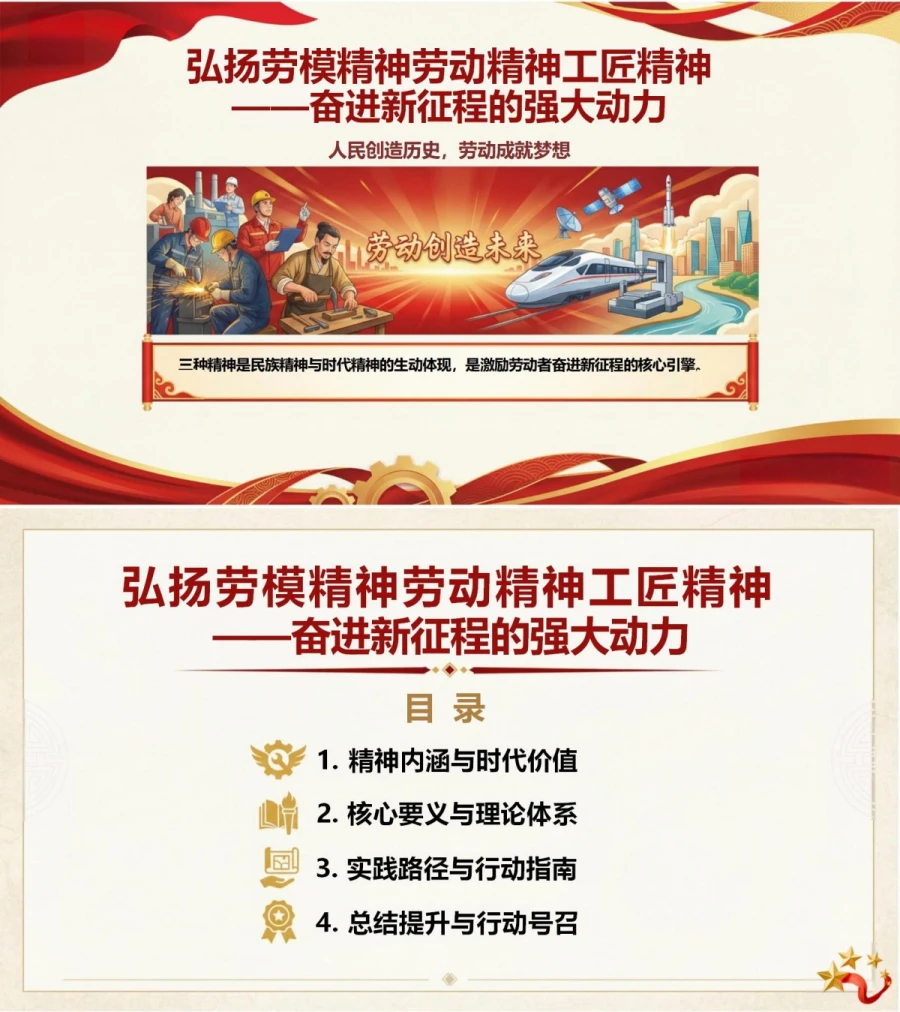 党员讲劳模精神党课PPT下载：弘扬劳模精神劳动精神工匠精神 奋进新征程的强大动力（16页+配套讲稿）封面图1