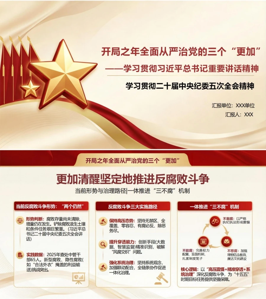 领导干部讲中央纪委五次全会党课PPT下载：开局之年全面从严治党的三个更加（15页+配套讲稿）封面图1