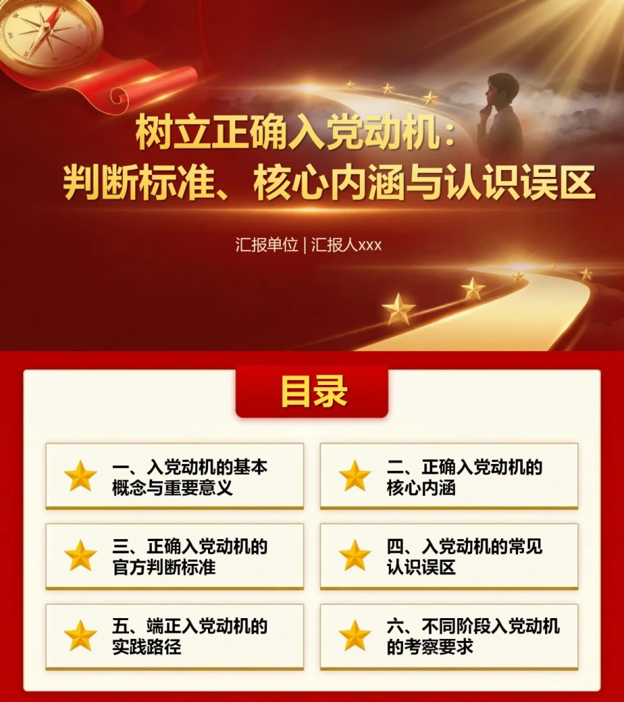 正确入党动机的判断标准PPT：四项内涵与两类误区｜课件+讲稿封面图1