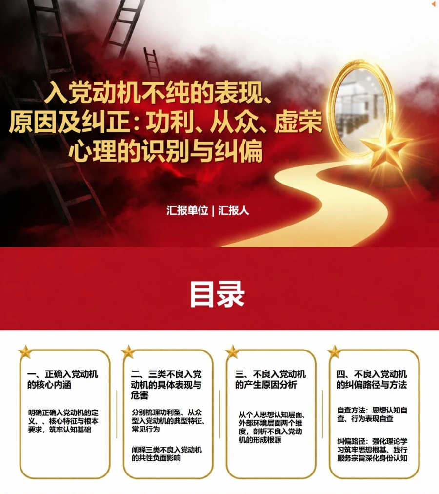 入党动机不纯的表现、原因及纠正PPT：功利、从众、虚荣心理的识别与纠偏｜课件+讲稿封面图1