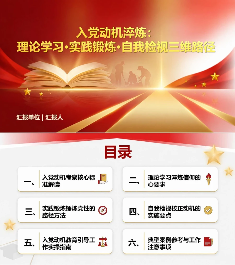 如何端正入党动机PPT：理论学习、实践锻炼与自我检视｜课件+讲稿封面图1