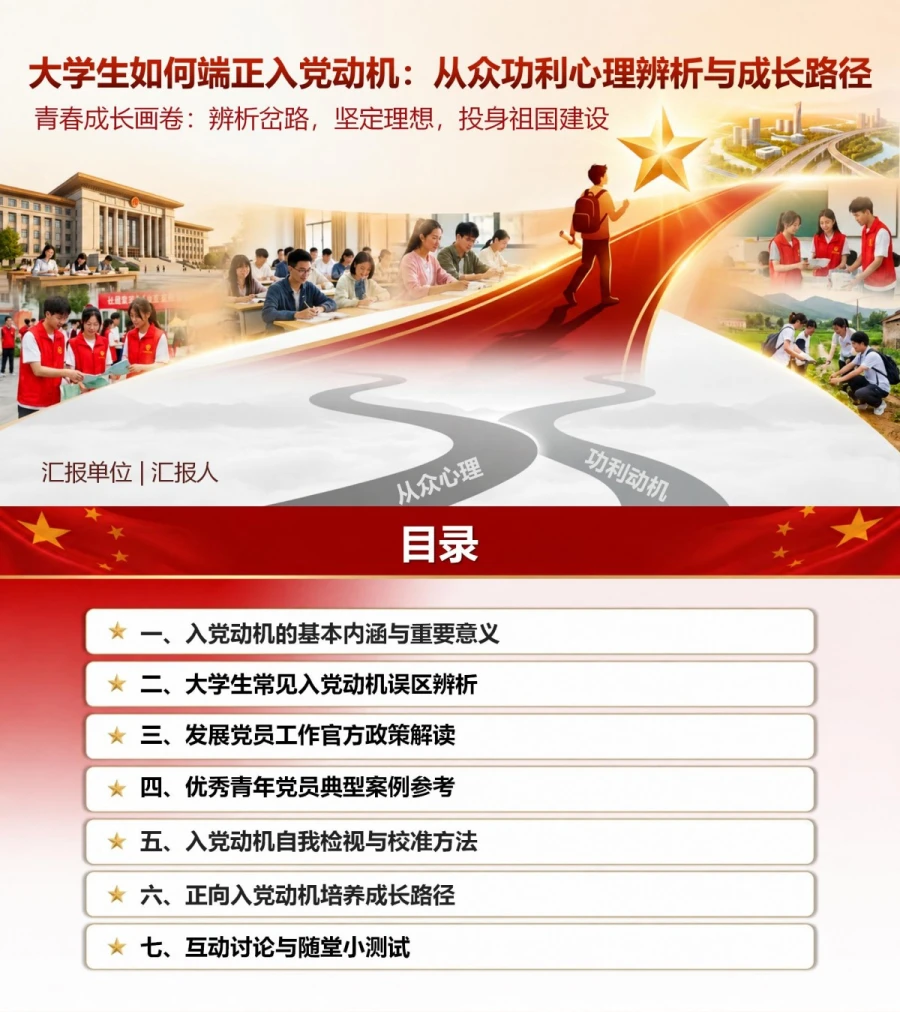 大学生如何端正入党动机PPT：从众功利心理辨析与成长路径｜课件+讲稿封面图1