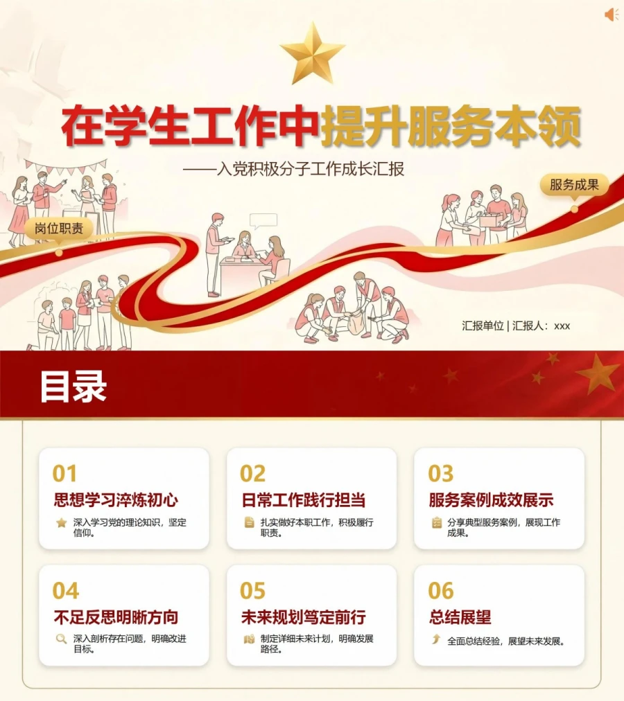 入党积极分子学生工作汇报PPT：在学生工作中提升服务本领｜汇报+讲稿封面图1