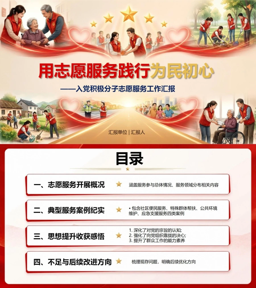 入党积极分子志愿服务汇报PPT：用志愿服务践行为民初心｜汇报+讲稿封面图1