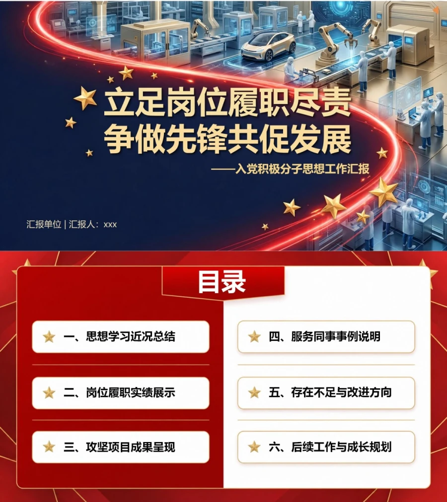 企业职工入党积极分子工作汇报PPT：立足企业岗位汇报履职实绩｜汇报+讲稿封面图1