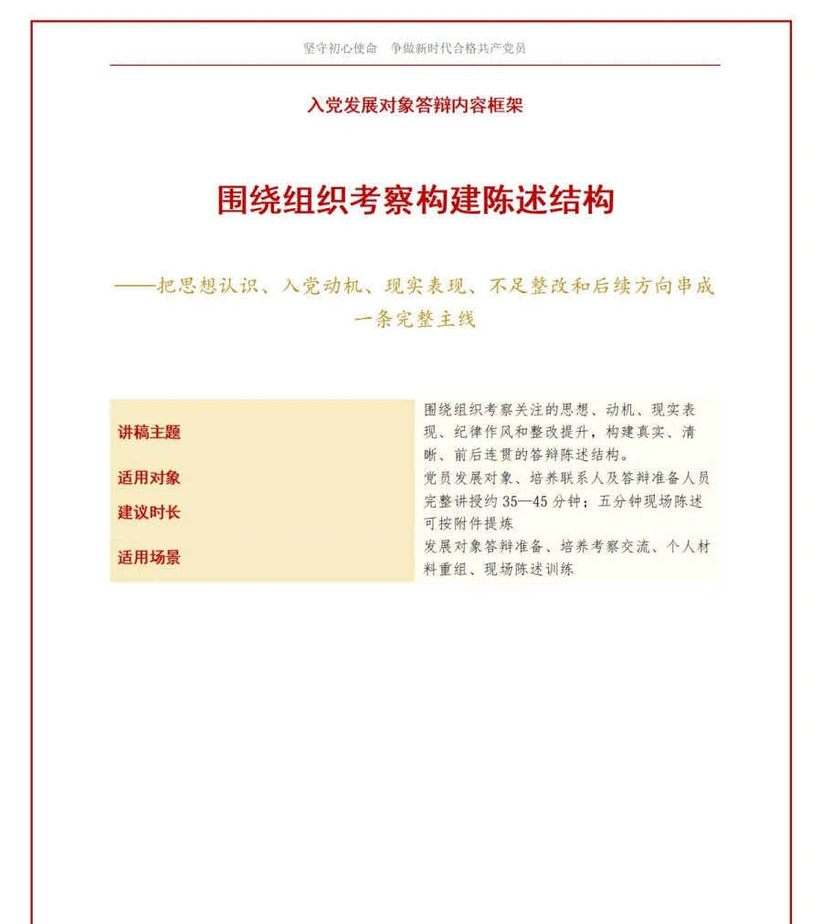入党发展对象答辩内容框架PPT：围绕组织考察构建陈述结构｜课件+讲稿讲稿预览1