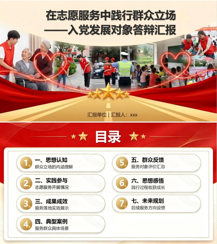 入党发展对象志愿公益答辩PPT：在志愿服务中践行群众立场｜课件+讲稿封面图1