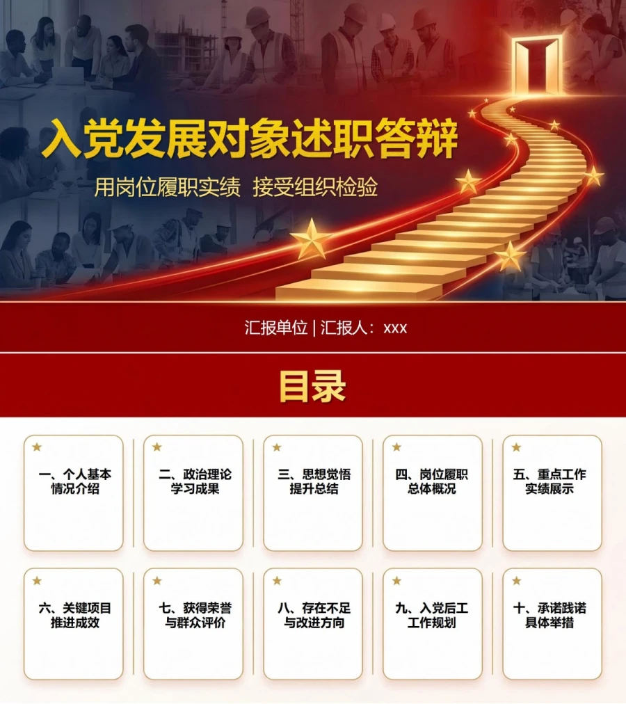 入党发展对象述职答辩PPT：用岗位履职实绩接受组织检验｜课件+讲稿封面图1