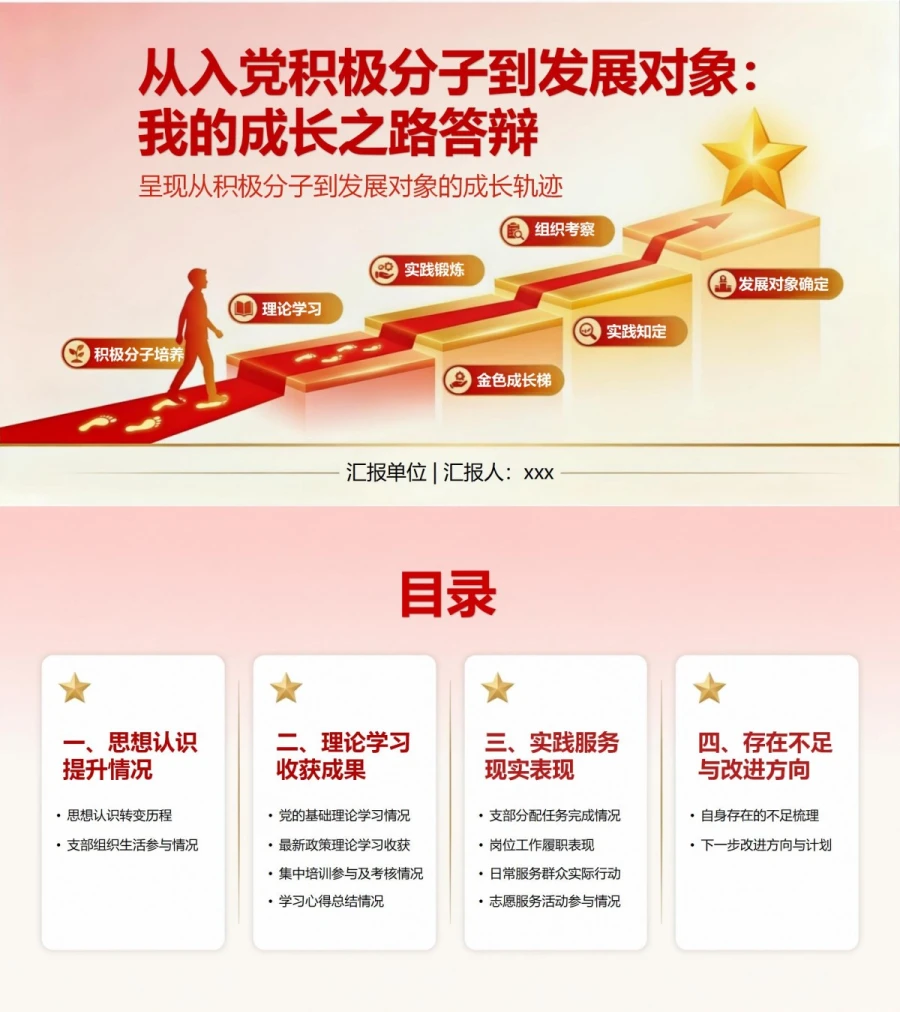 入党积极分子转发展对象答辩PPT：呈现从积极分子到发展对象的成长轨迹｜课件+讲稿封面图1
