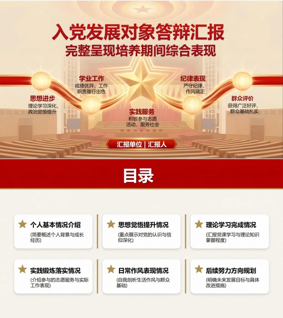 入党发展对象答辩汇报PPT：完整呈现培养期间综合表现｜课件+讲稿封面图1
