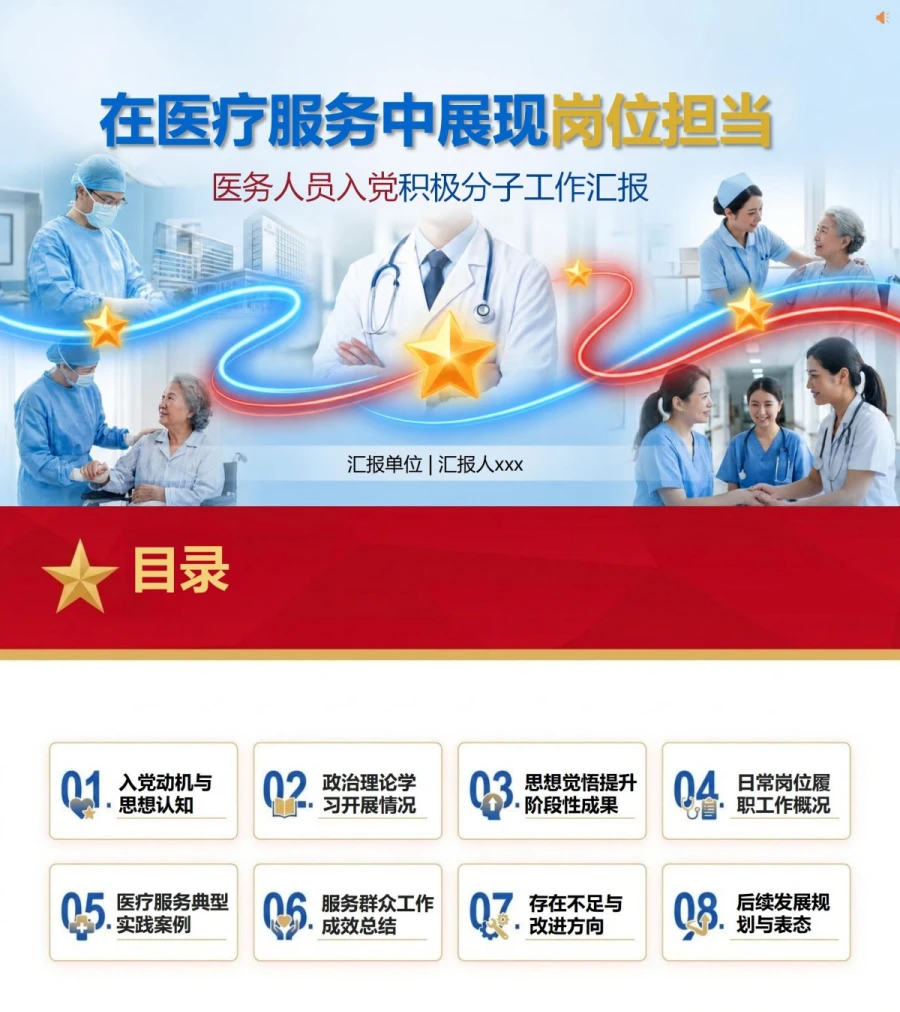 医务人员入党积极分子工作汇报PPT：在医疗服务中展现岗位担当｜汇报+讲稿封面图1