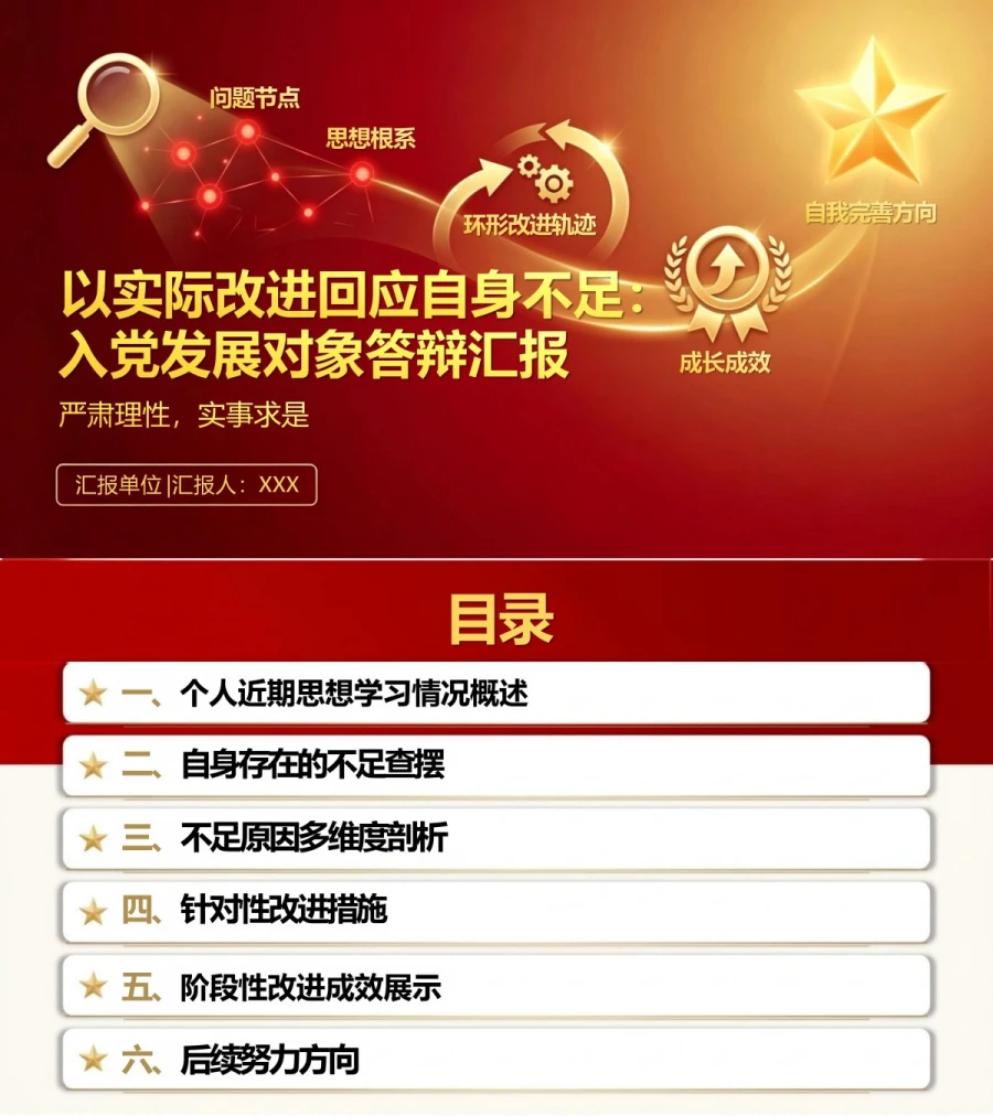 入党发展对象答辩不足改进PPT：以实际改进回应自身不足｜课件+讲稿封面图1