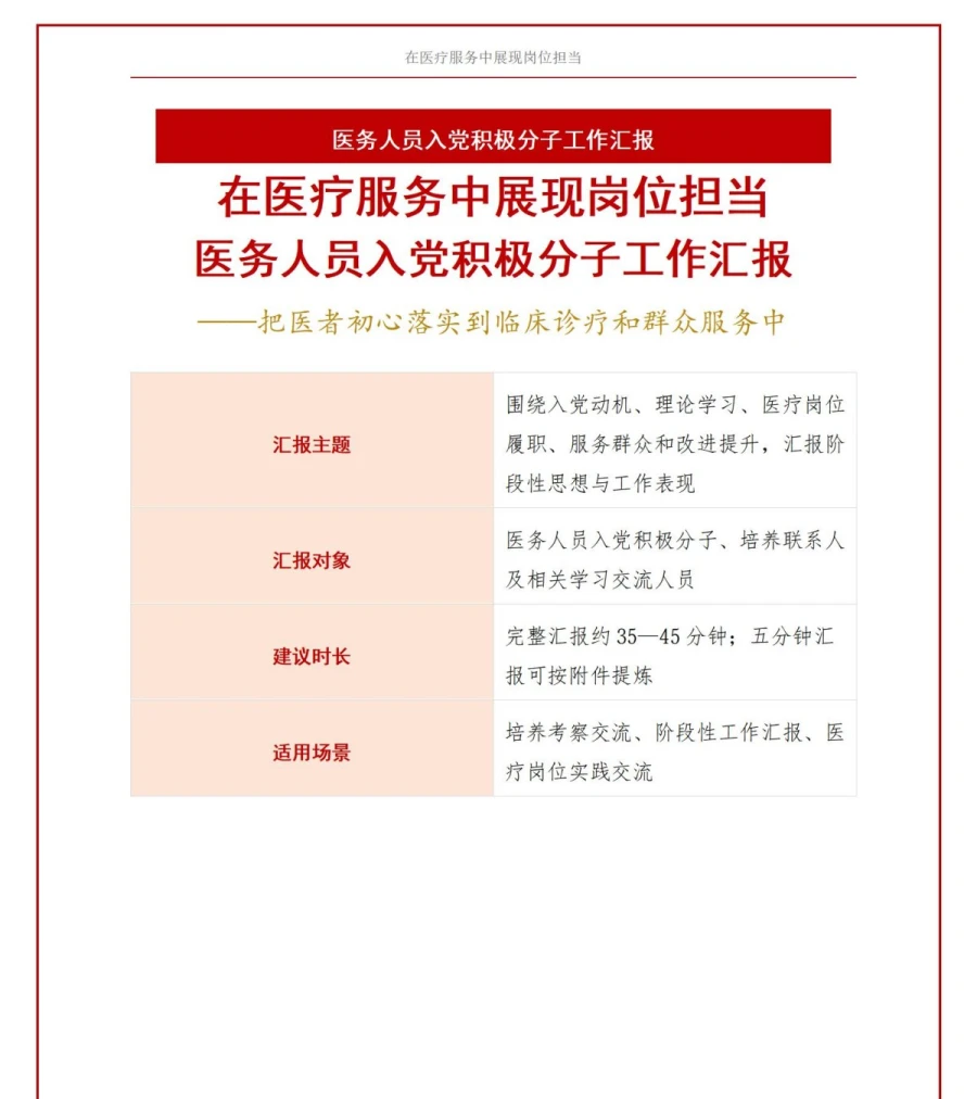 医务人员入党积极分子工作汇报PPT：在医疗服务中展现岗位担当｜汇报+讲稿讲稿预览1
