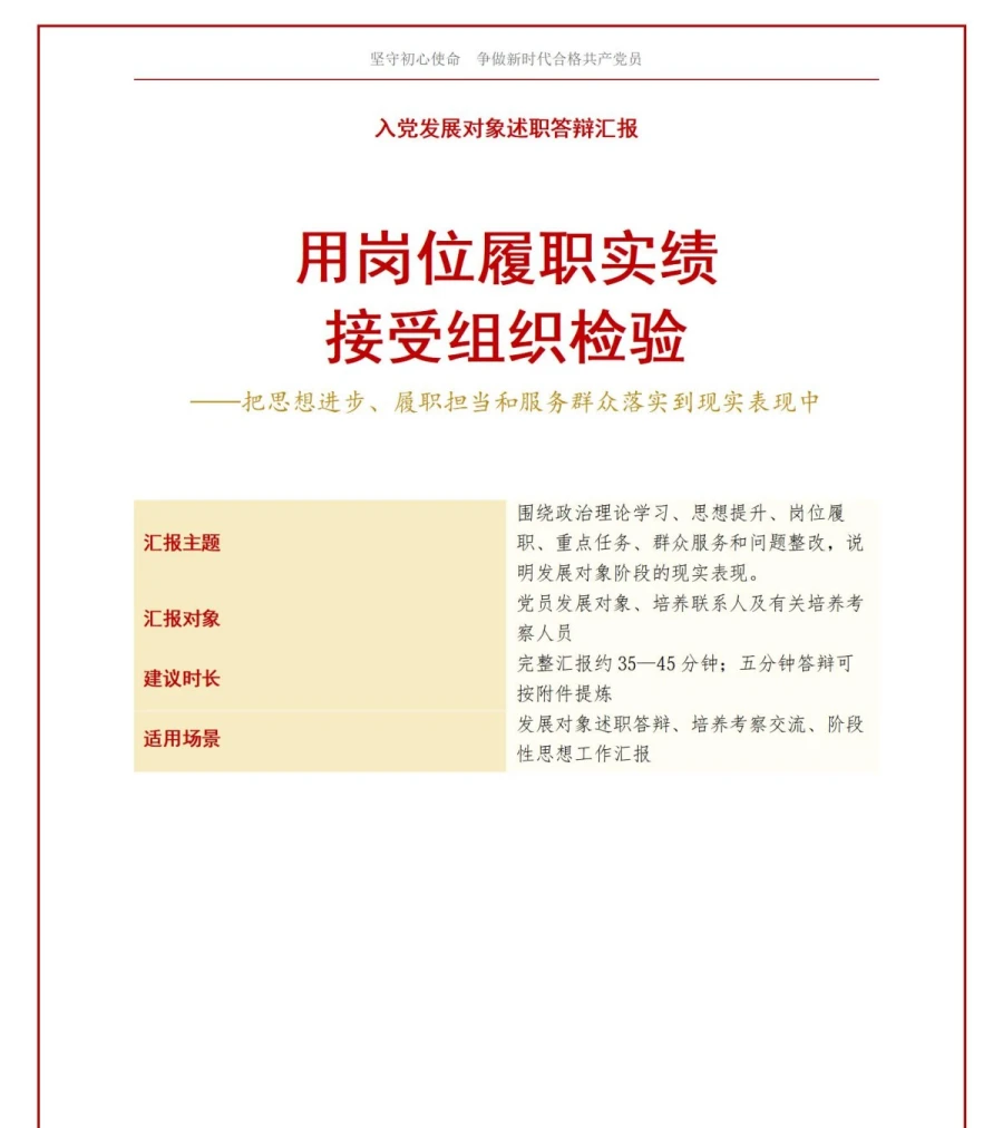 入党发展对象述职答辩PPT：用岗位履职实绩接受组织检验｜课件+讲稿讲稿预览1