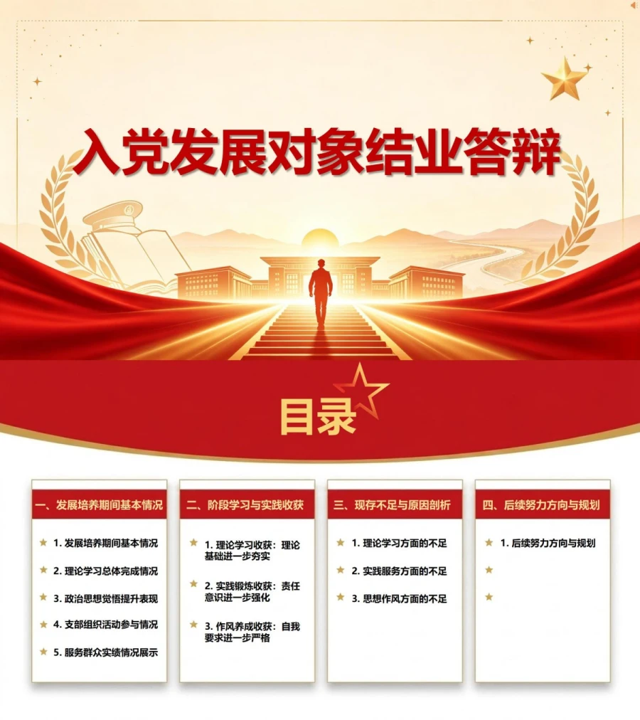 入党发展对象结业答辩PPT：用阶段收获明确后续努力方向｜课件+讲稿封面图1