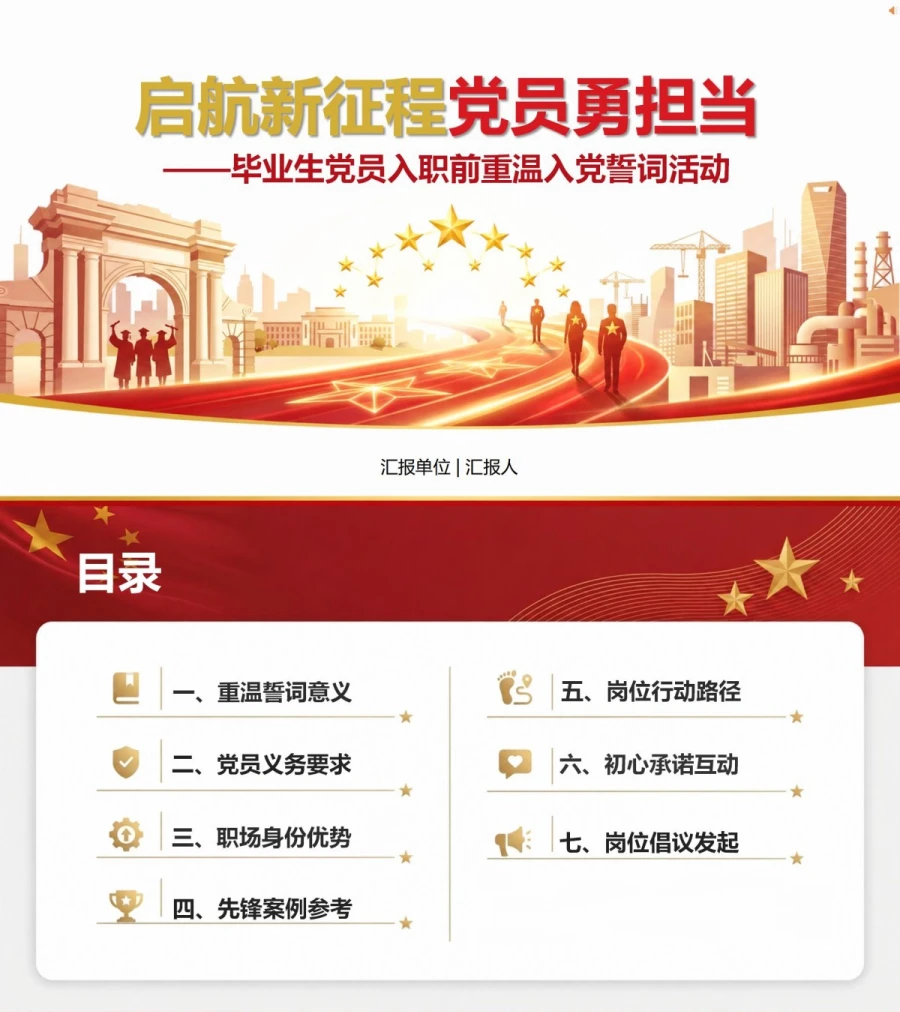 毕业生党员重温入党誓词PPT：把党员身份带入新的工作岗位｜课件+讲稿封面图1