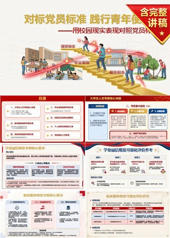 大学生入党基本知识PPT：用校园现实表现对照党员标准｜课件+讲稿