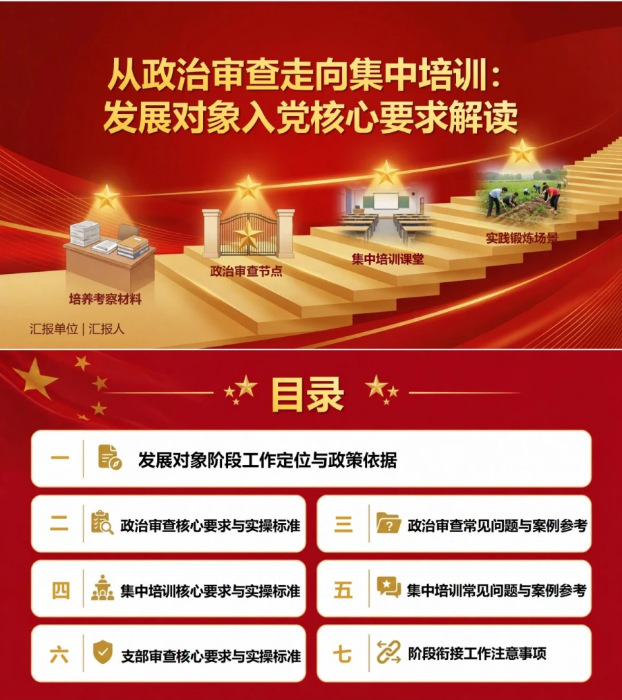 发展对象入党基本知识PPT：从政治审查走向集中培训｜课件+讲稿封面图1