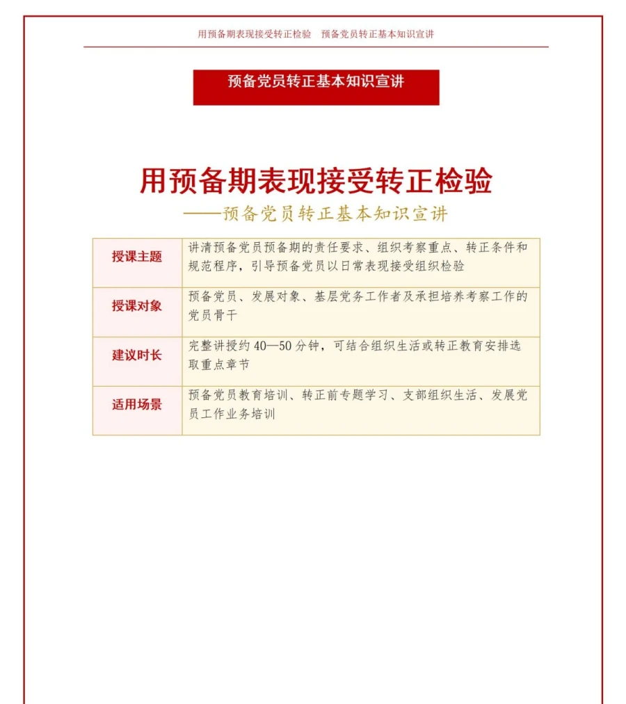 预备党员转正基本知识PPT：用预备期表现接受转正检验｜课件+讲稿讲稿预览1
