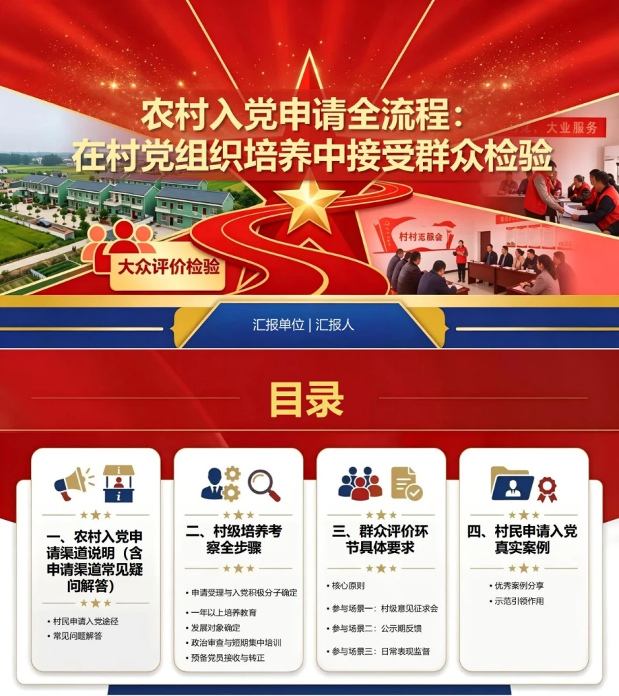 农村入党申请流程PPT：在村党组织培养中接受群众检验｜课件+讲稿封面图1