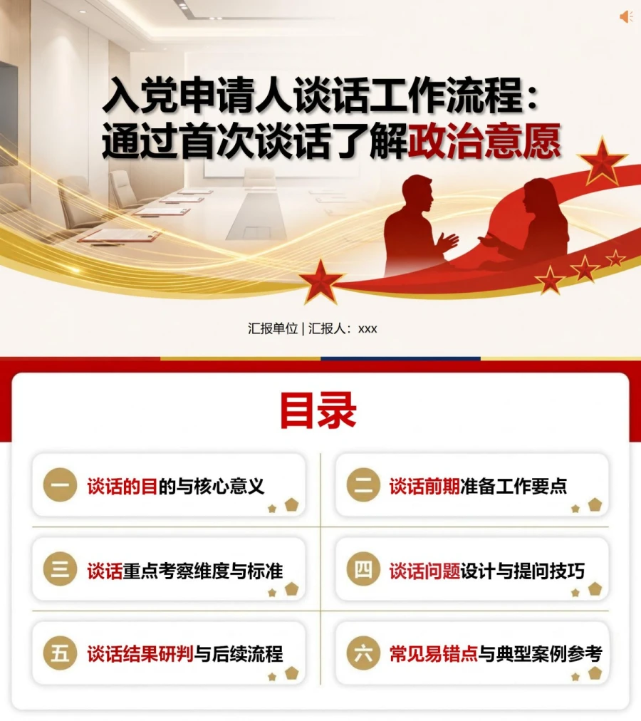 入党申请人谈话流程PPT：通过首次谈话了解政治意愿｜课件+讲稿封面图1