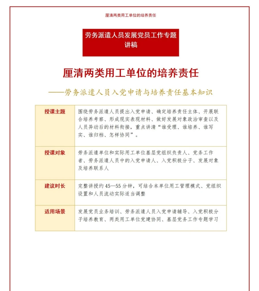 劳务派遣入党申请流程PPT：厘清两类用工单位的培养责任｜课件+讲稿讲稿预览1