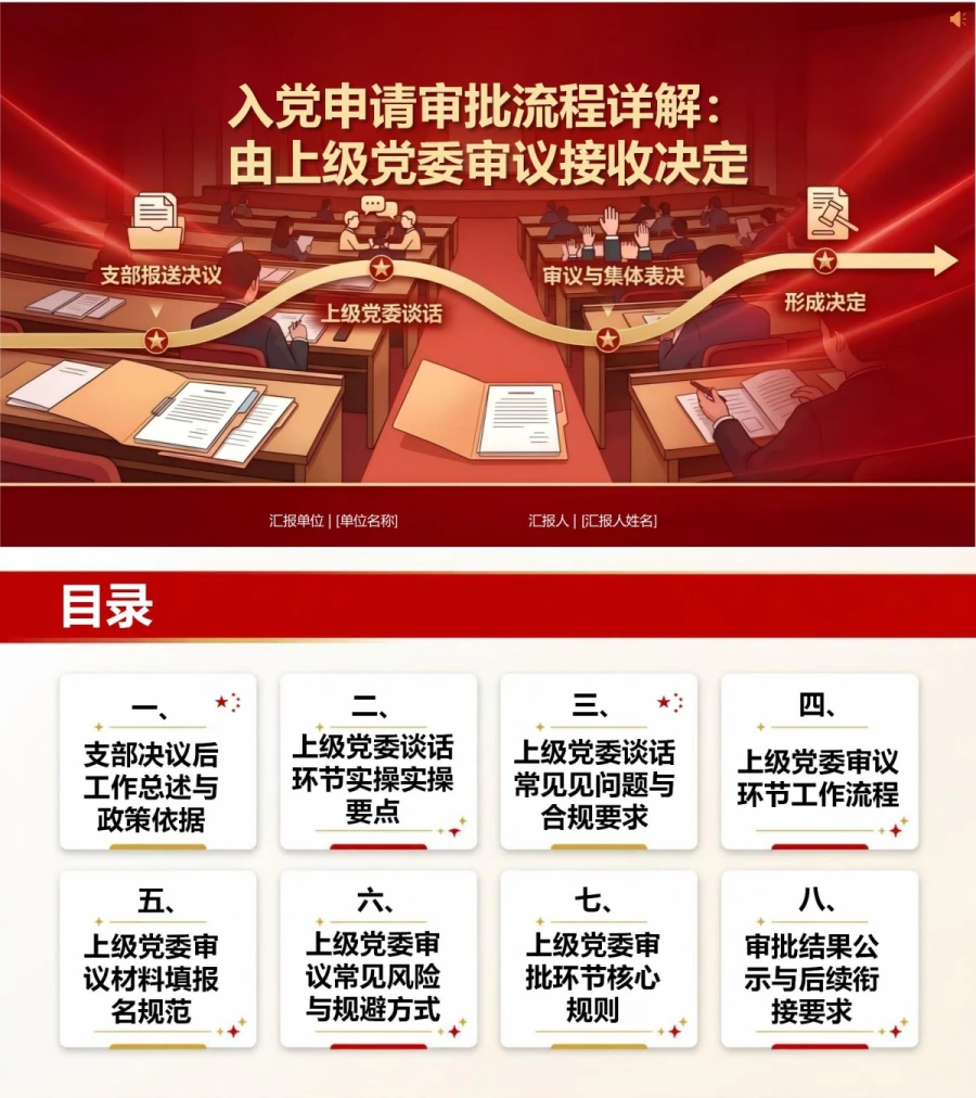入党申请审批流程PPT：党委审批预备党员步骤与时限｜课件+讲稿封面图1