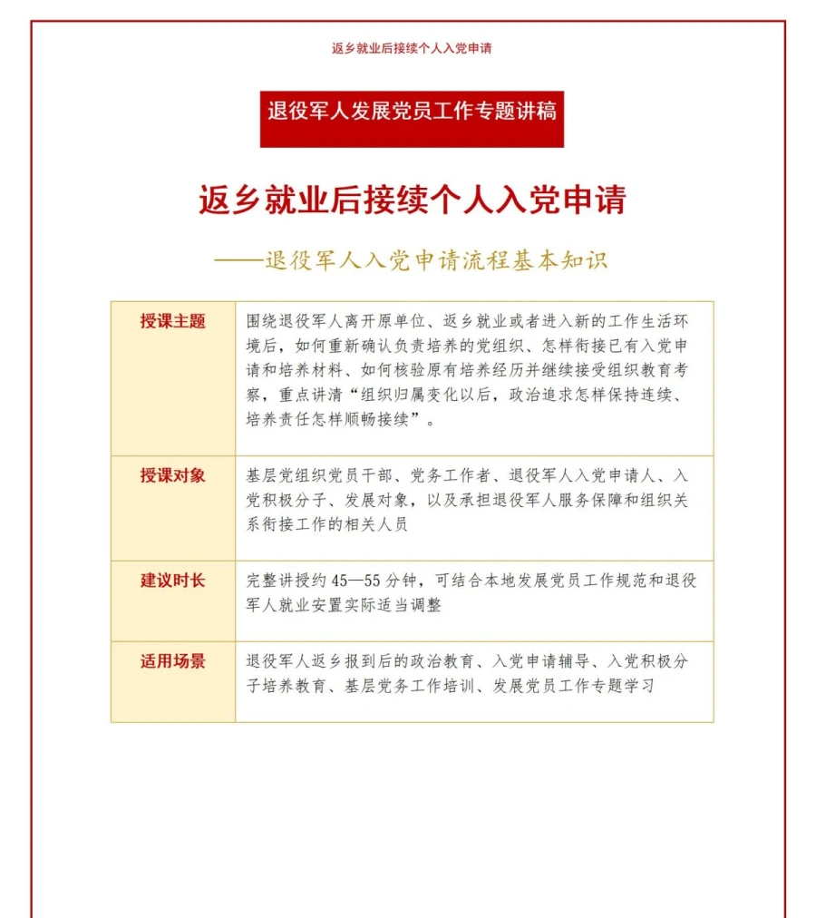 退役军人入党申请流程PPT：返乡就业后接续个人入党申请｜课件+讲稿讲稿预览1