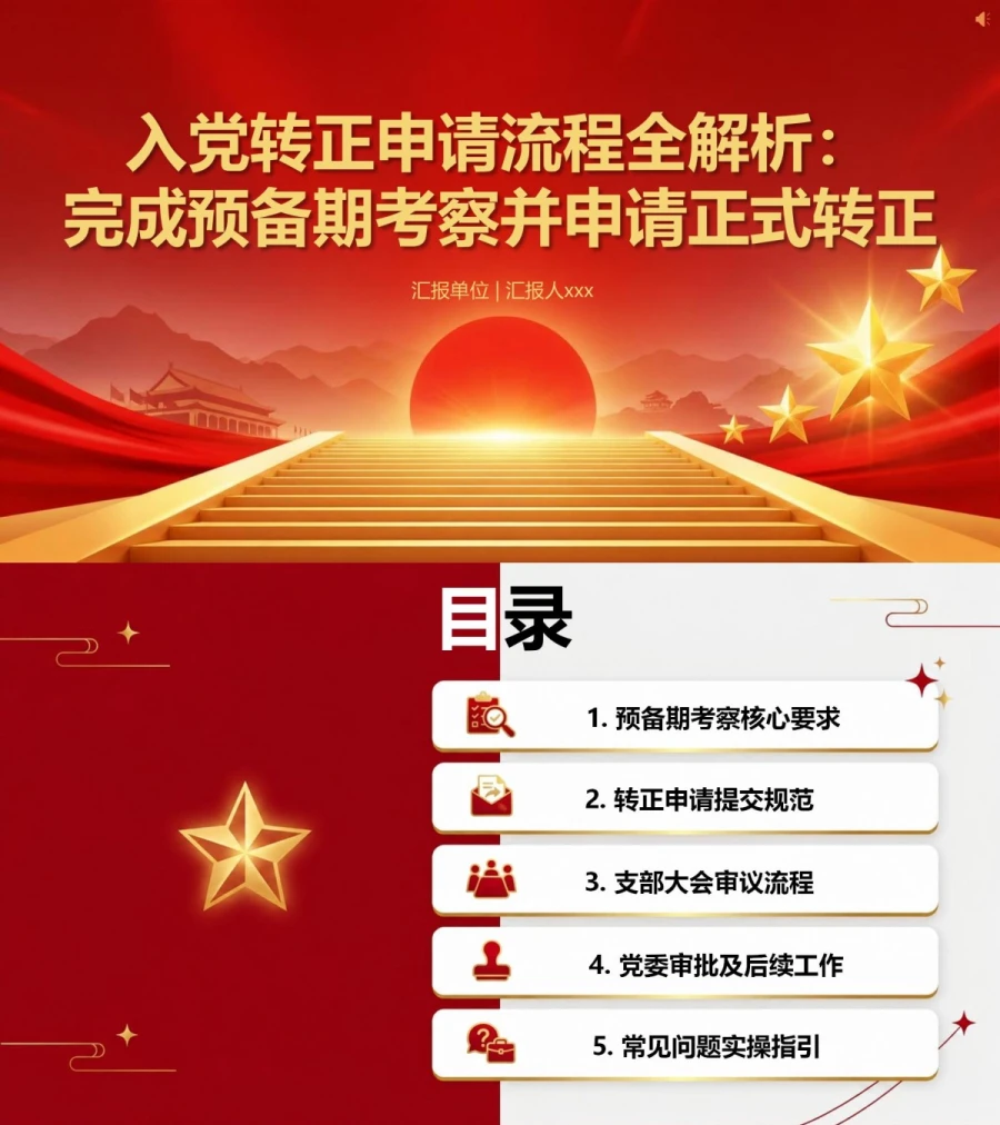 入党转正申请流程PPT：预备期满后的审查与转正｜课件+讲稿封面图1