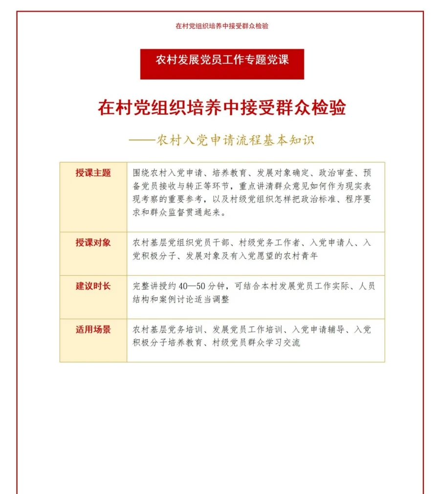 农村入党申请流程PPT：在村党组织培养中接受群众检验｜课件+讲稿讲稿预览1