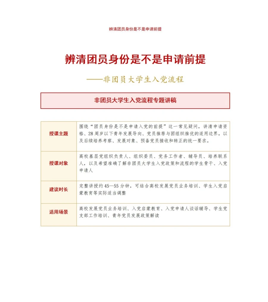 非团员大学生入党流程PPT：辨清团员身份是不是申请前提｜课件+讲稿讲稿预览1