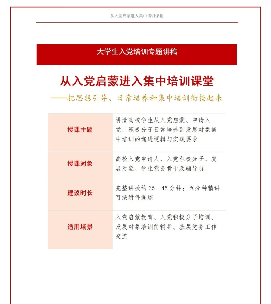 大学生入党培训流程PPT：从入党启蒙进入集中培训课堂｜课件+讲稿讲稿预览1